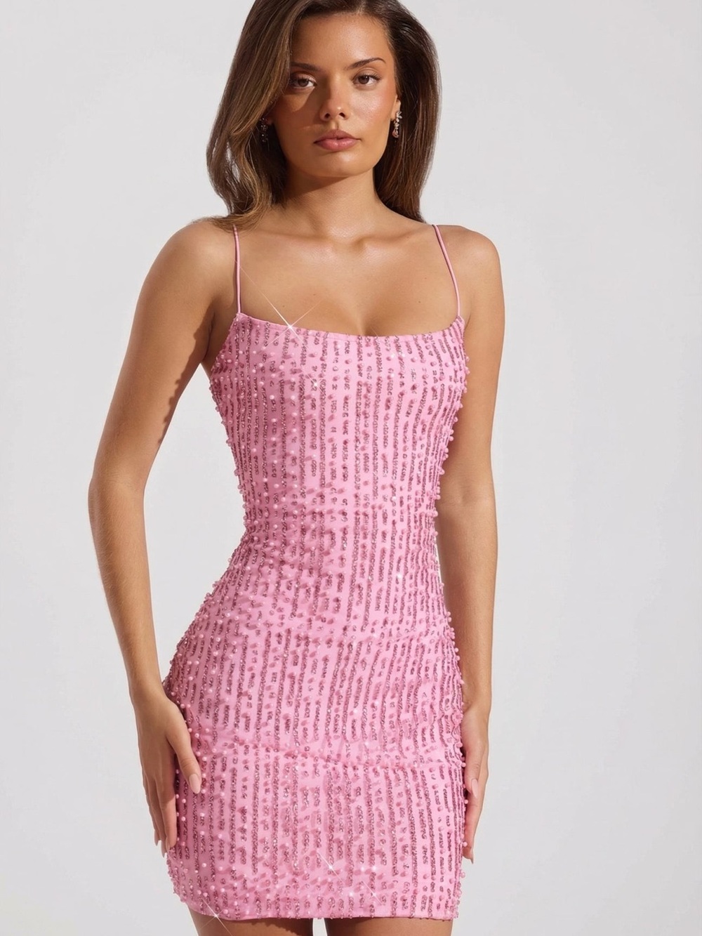 Lunetta
Embellished Scoop-Neck Bodycon Mini Dress in Pink